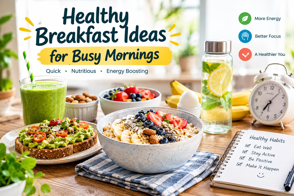 Healthy breakfast ideas for busy mornings with oatmeal, fresh berries, avocado toast, and a green smoothie.